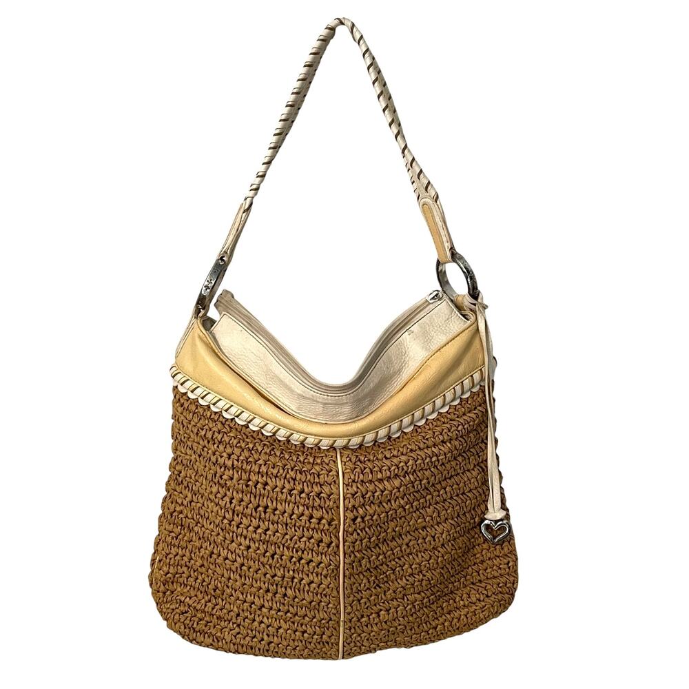 Brighton Vintage Straw Bag Womens Yellow & Ivory Leather Trim Hobo Shoulder